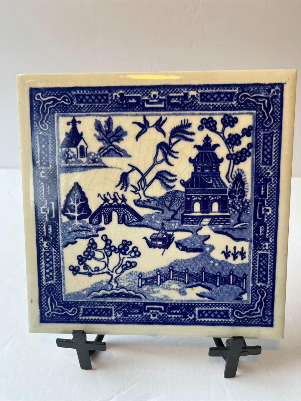 Rare Soriano Ceramics Blue Willow Porcelain Tile Trivet Vintage 6"x 6" vivid - Picture 2 of 5